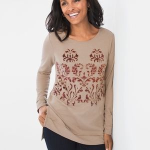 Chico's Zenergy Applique Tunic Top Beige Sz 2 (L 12 )